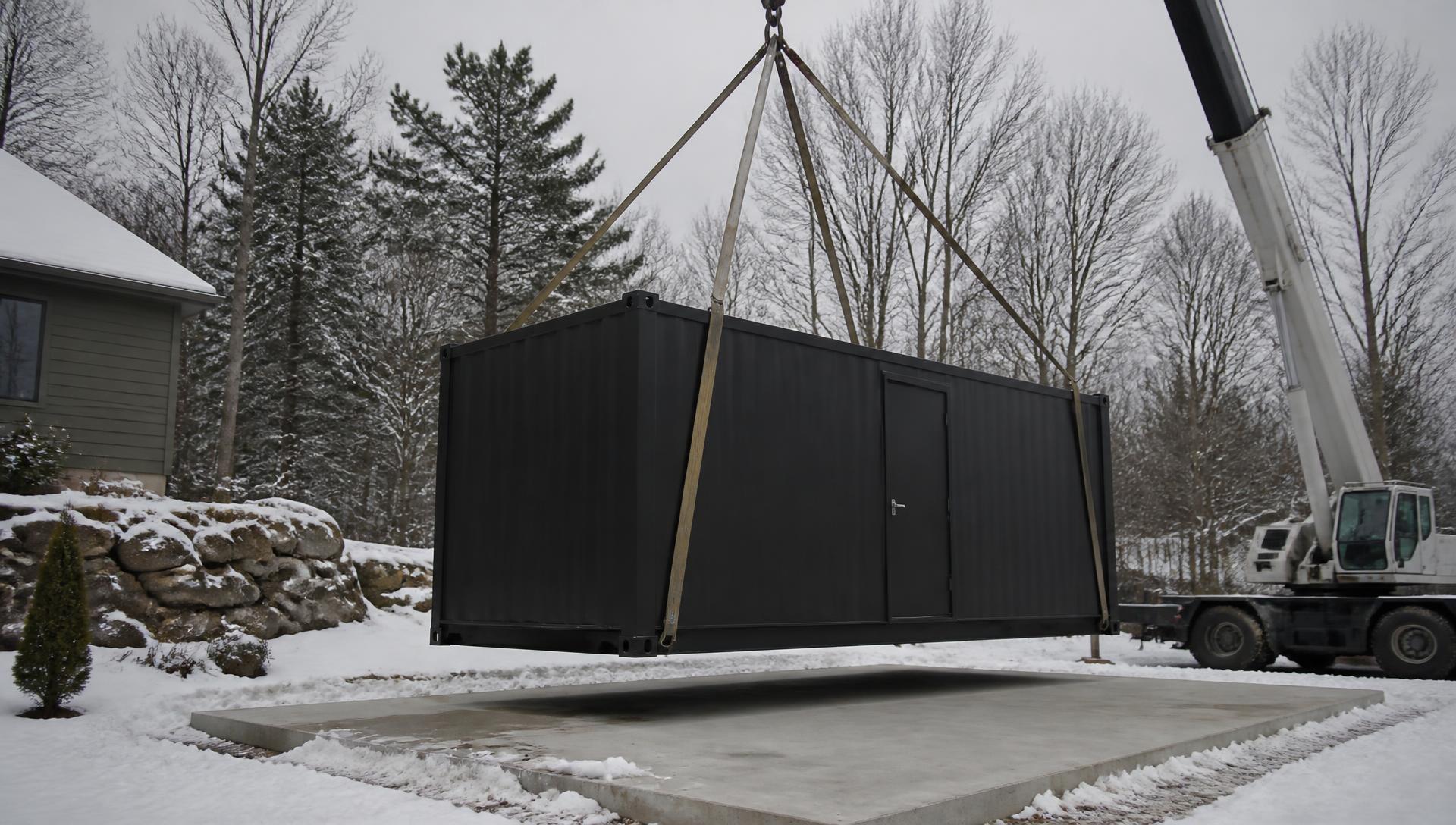 Crane setting a finished module onto a prepared pad