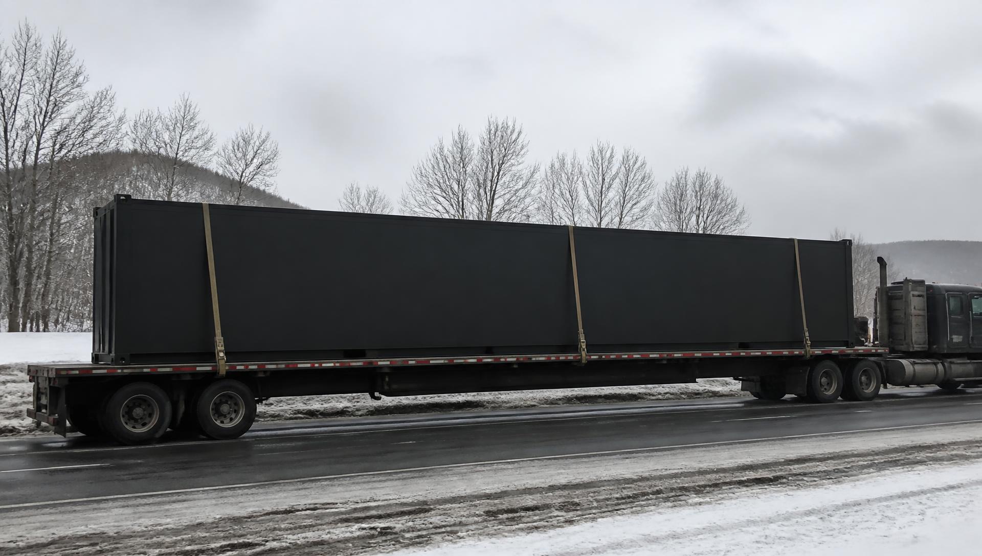 Finished module strapped to a flatbed on a winter Northeast road