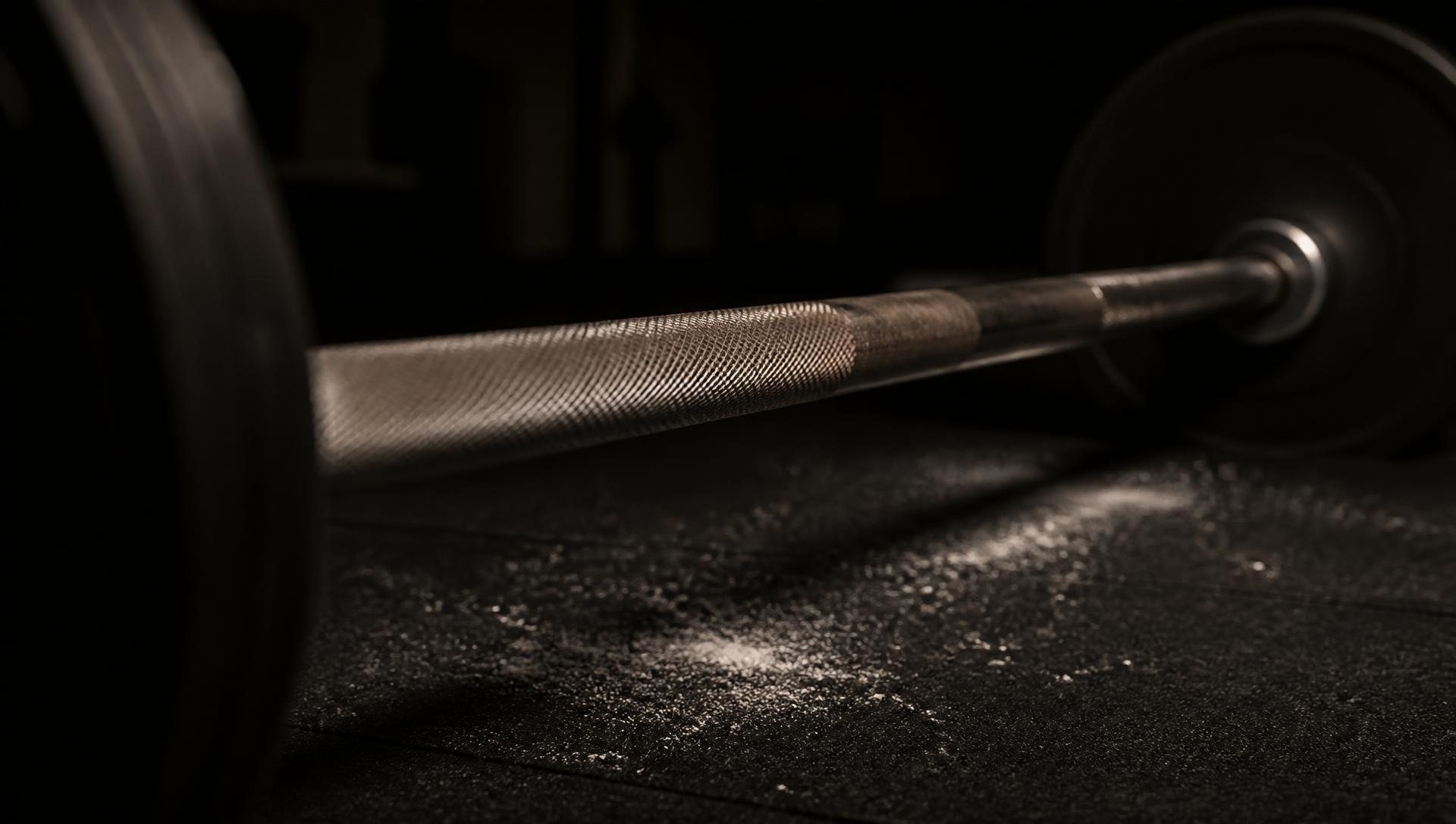 Knurled steel barbell on a black rubber gym floor
