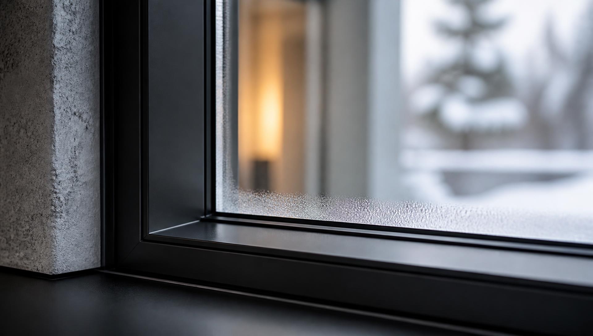 Matte-black window frame with condensation and snow beyond