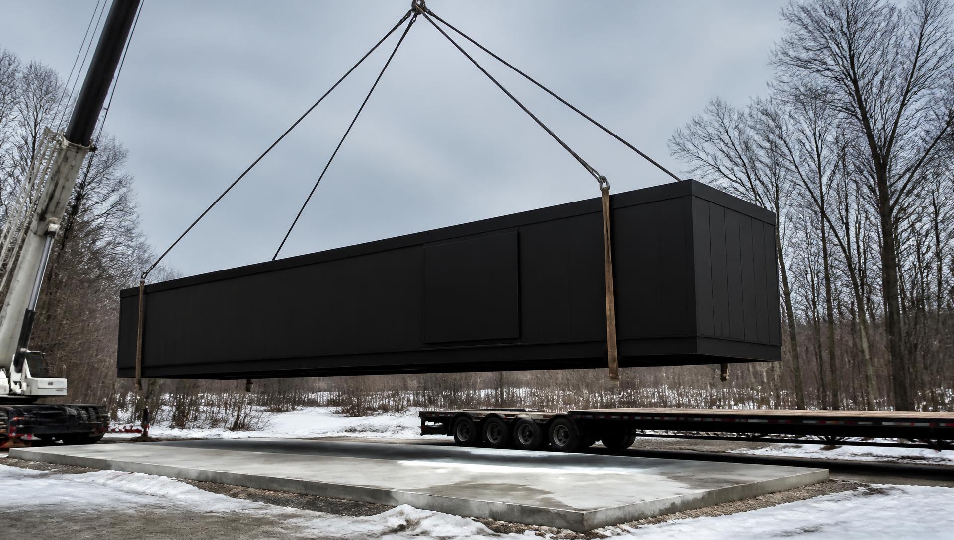 A finished module lifted by crane off a prepared pad and swung toward a waiting flatbed under overcast Northeast light