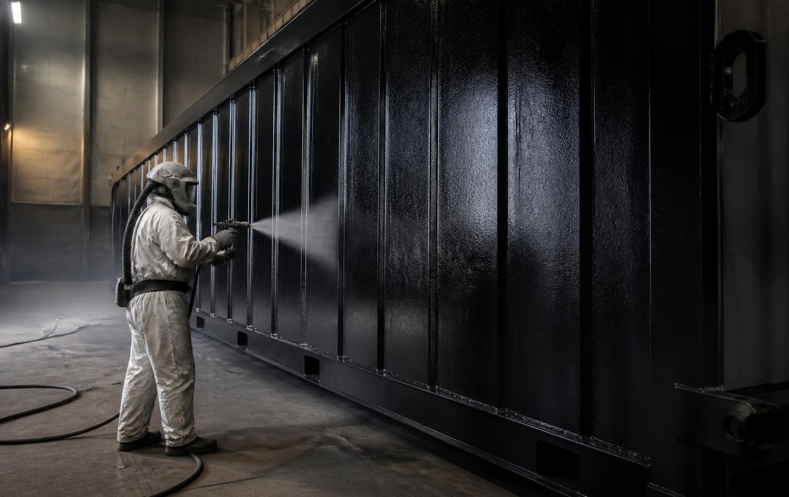Spray-applied polyurea coating going onto the steel shell in the coatings bay