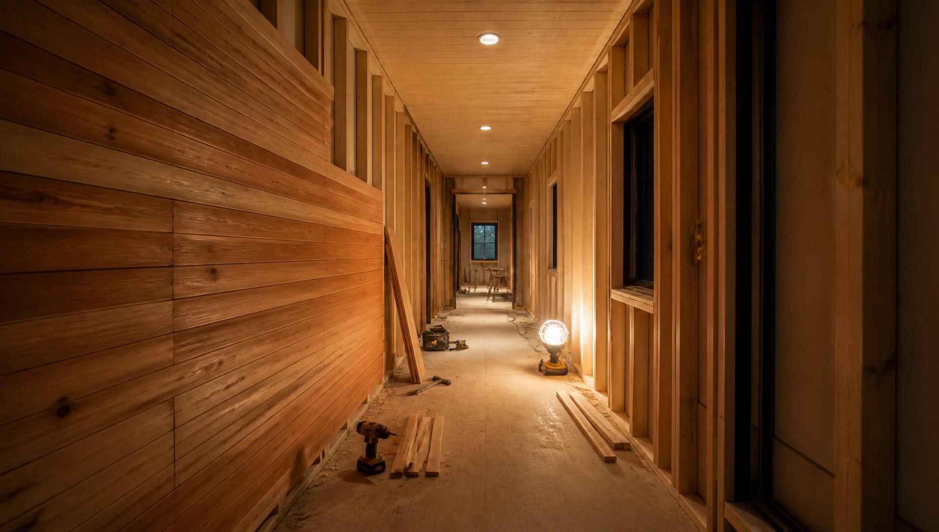 Cedar interior finish being installed inside a module