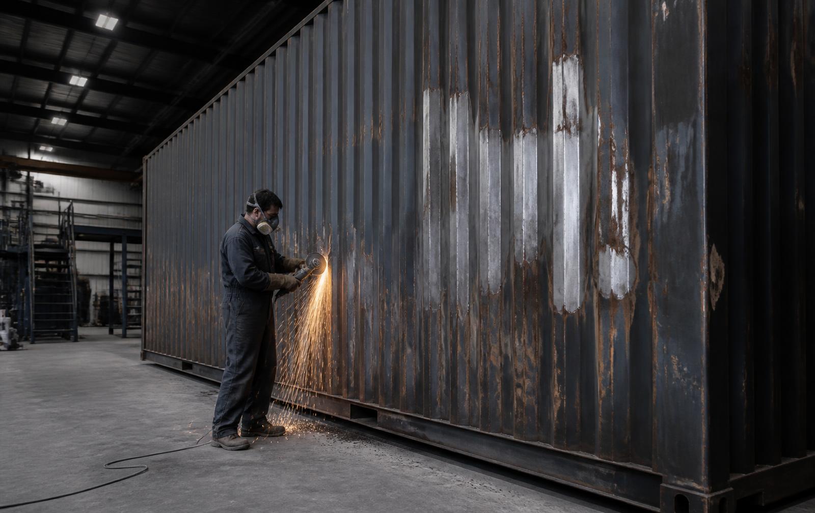 Rust ground back to bare metal on the corrugated side wall of a 40 ft steel module in the shop