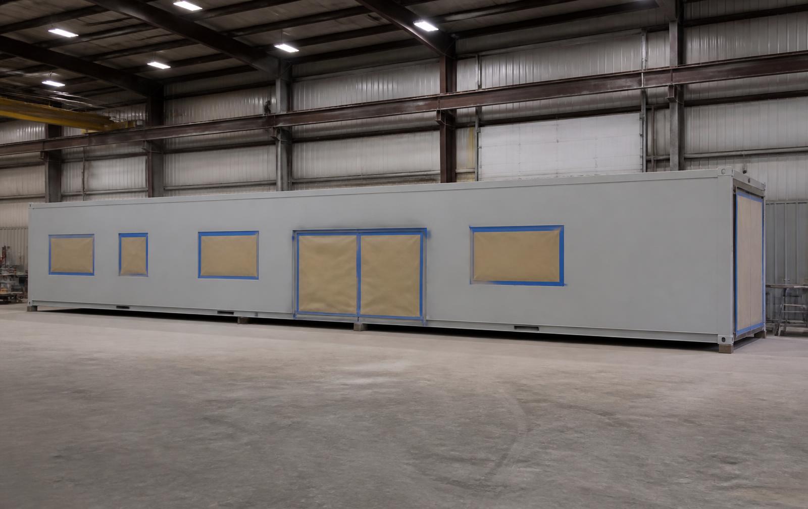 A primed 40 ft steel module masked at every opening before coating