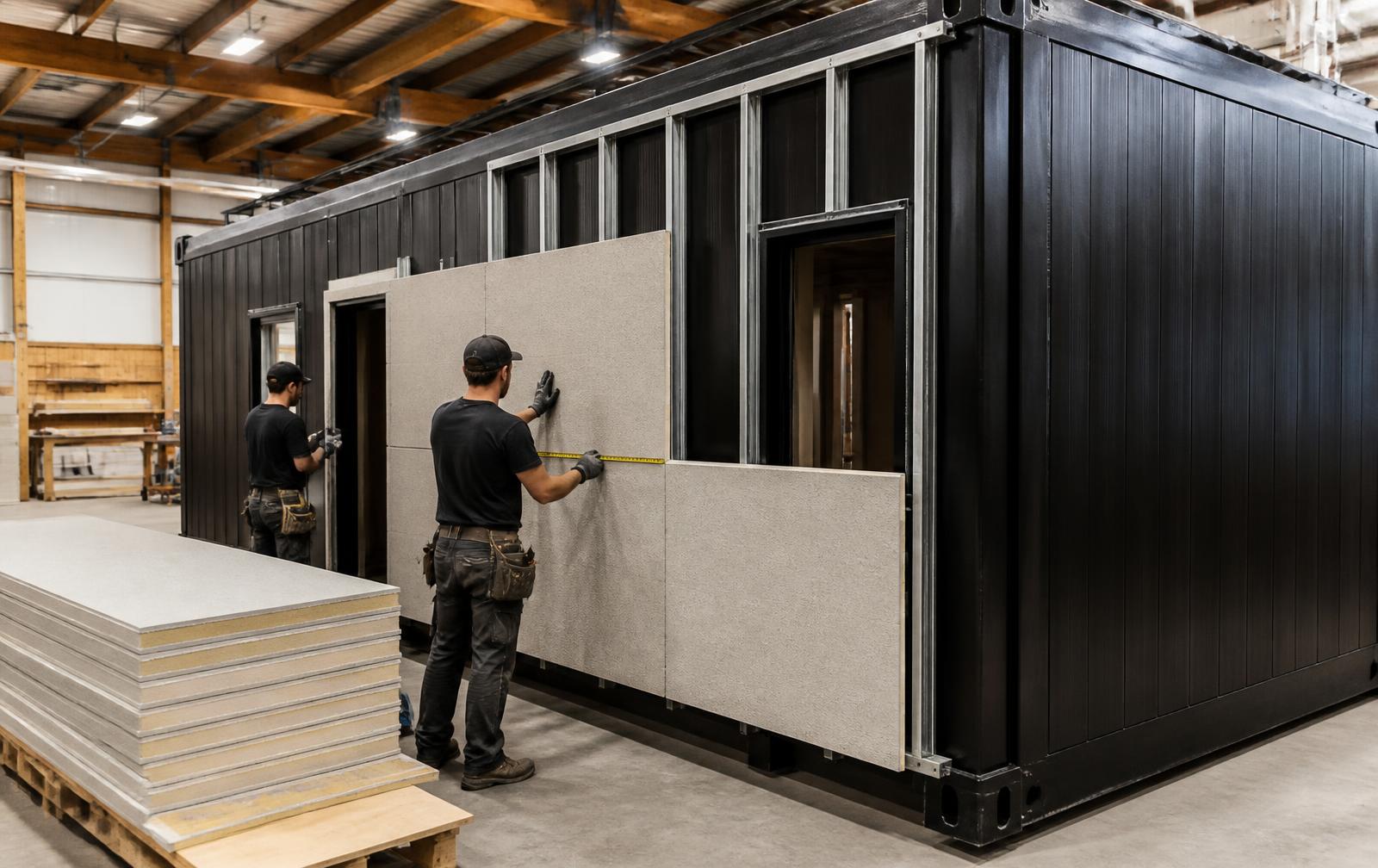 Insulated panels being installed on the outside of a coated steel module