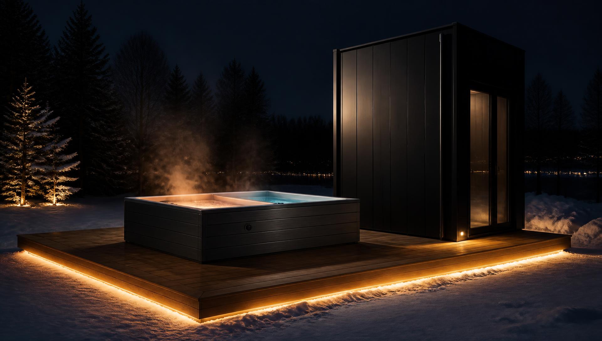 The Cottonwood dual hot tub and cold plunge standing freestanding on a cedar deck beside a black steel module on a winter night, steam rising from the hot side