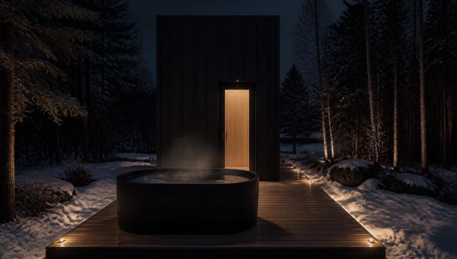 Freestanding cold plunge standing on the cedar deck at night, steam on the water