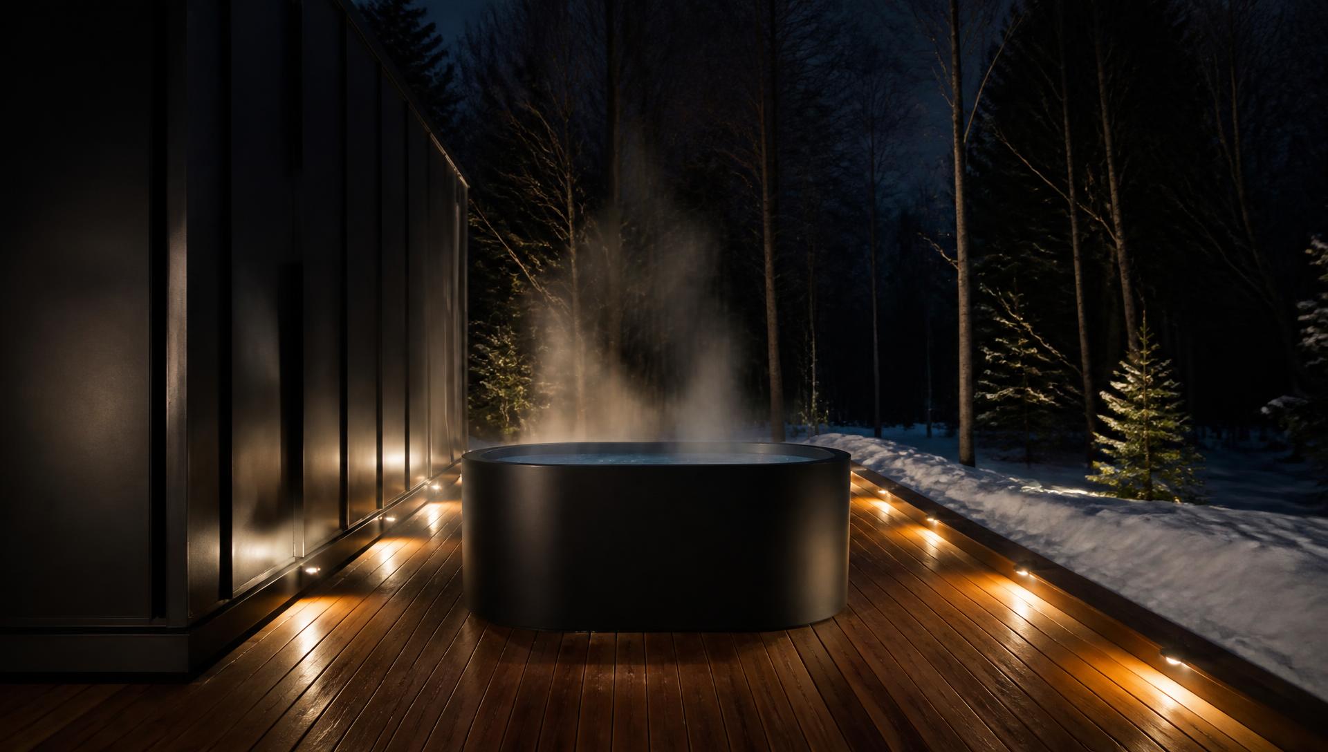 Freestanding above-deck cold plunge on a cedar deck at night, steam rising, warm perimeter light