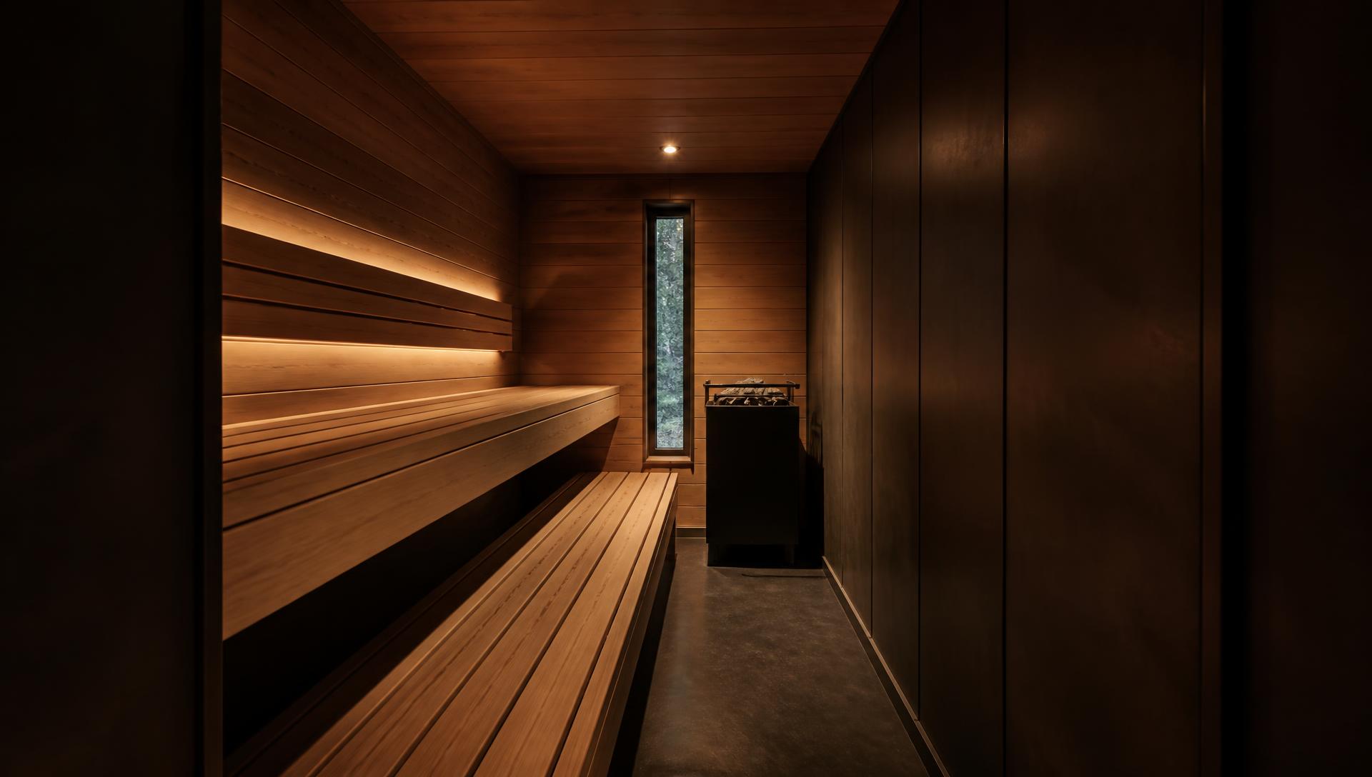 Cedar sauna interior with tiered benches and low warm light