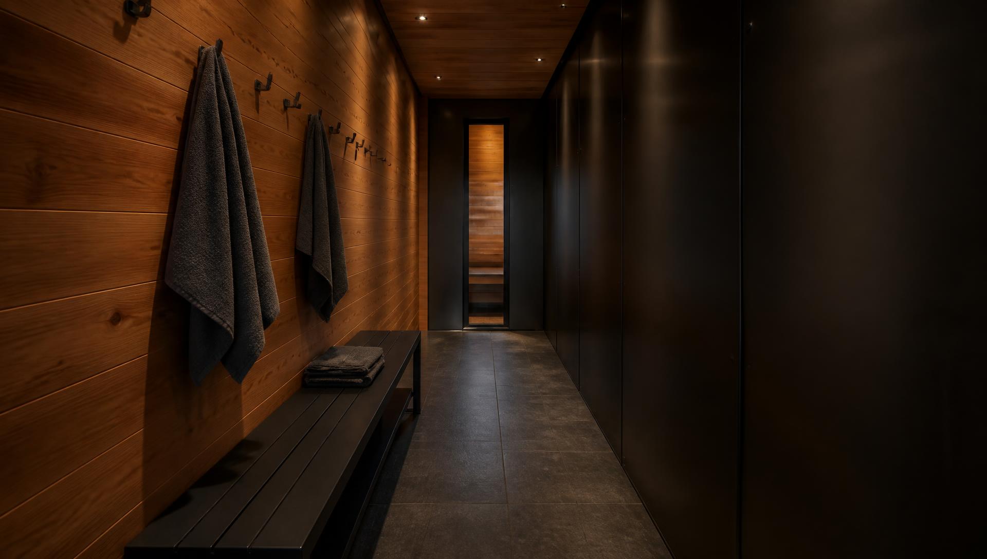 Cedar transition zone with black hooks, folded towels and a bench
