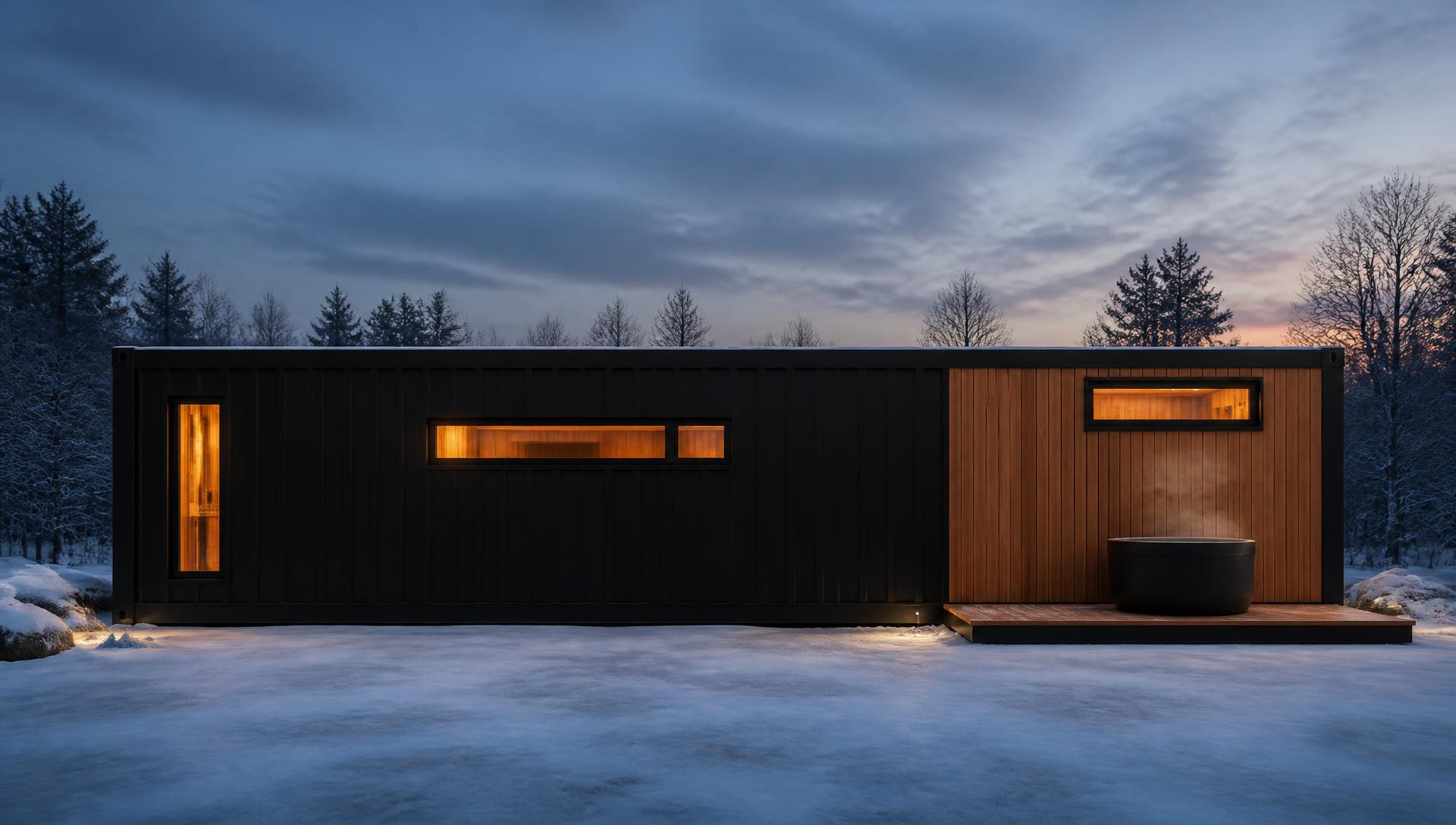 RECOVER 40 cedar-clad 40 ft recovery module in winter with warm light through the glazing