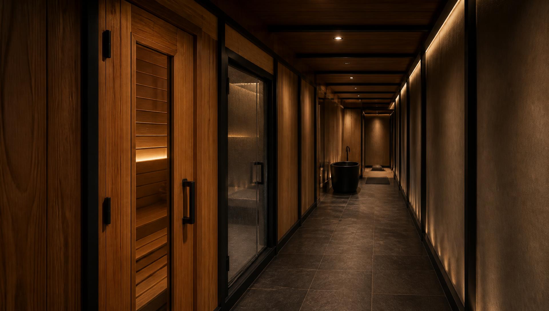 RECOVER 40 interior — sauna and steam doors along one side, freestanding cold plunge, open stretch and mobility area beyond