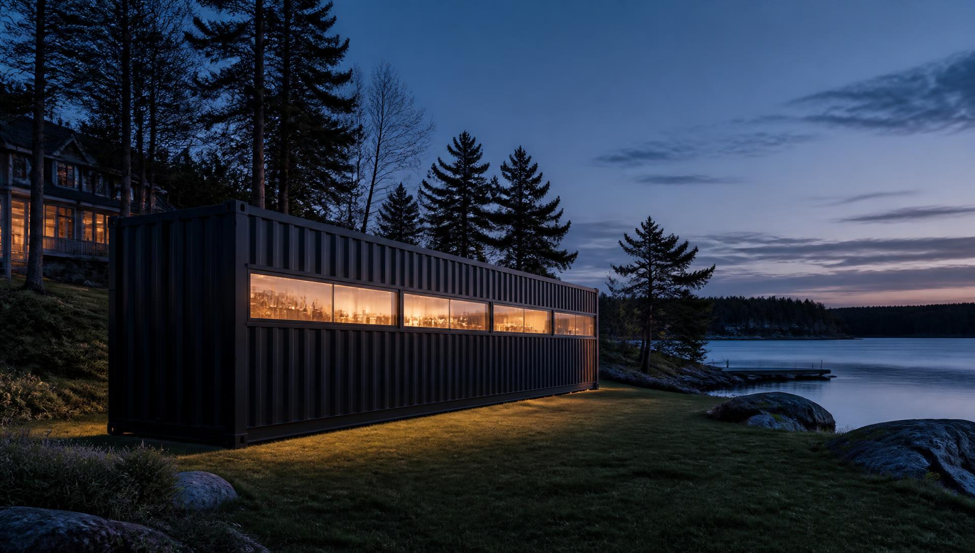 Training module sited near a lake house at dusk