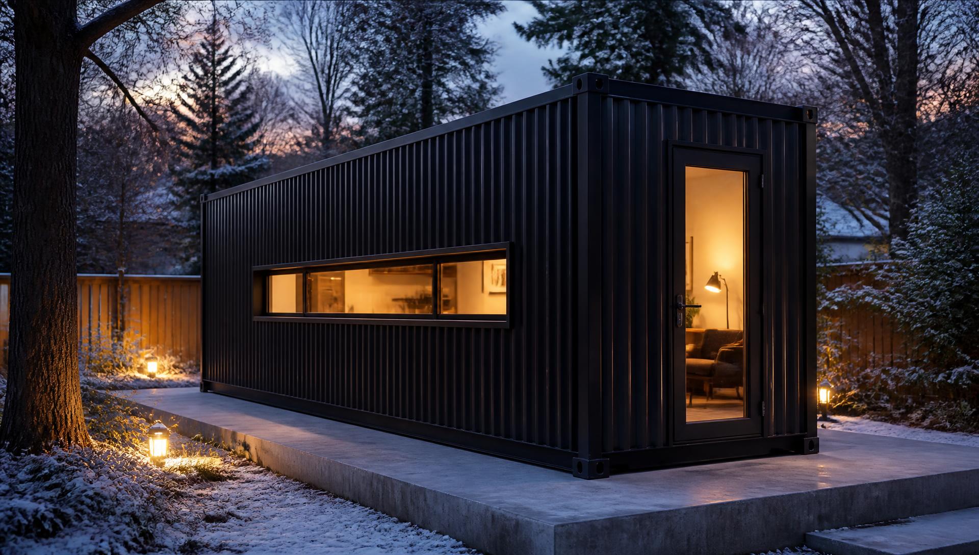 TRAIN 20 compact steel module at dusk in a treed residential backyard