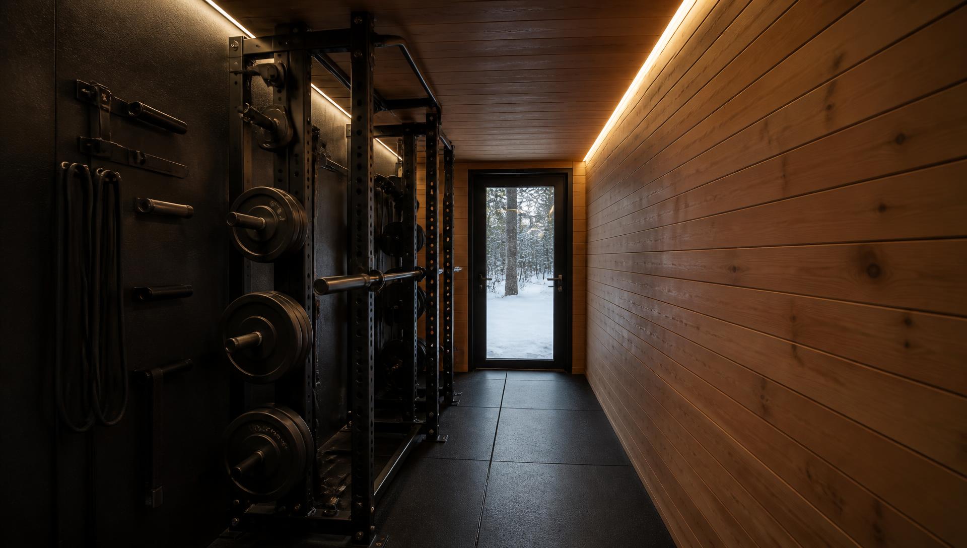 TRAIN 20 interior — efficient strength and cardio layout with wall storage