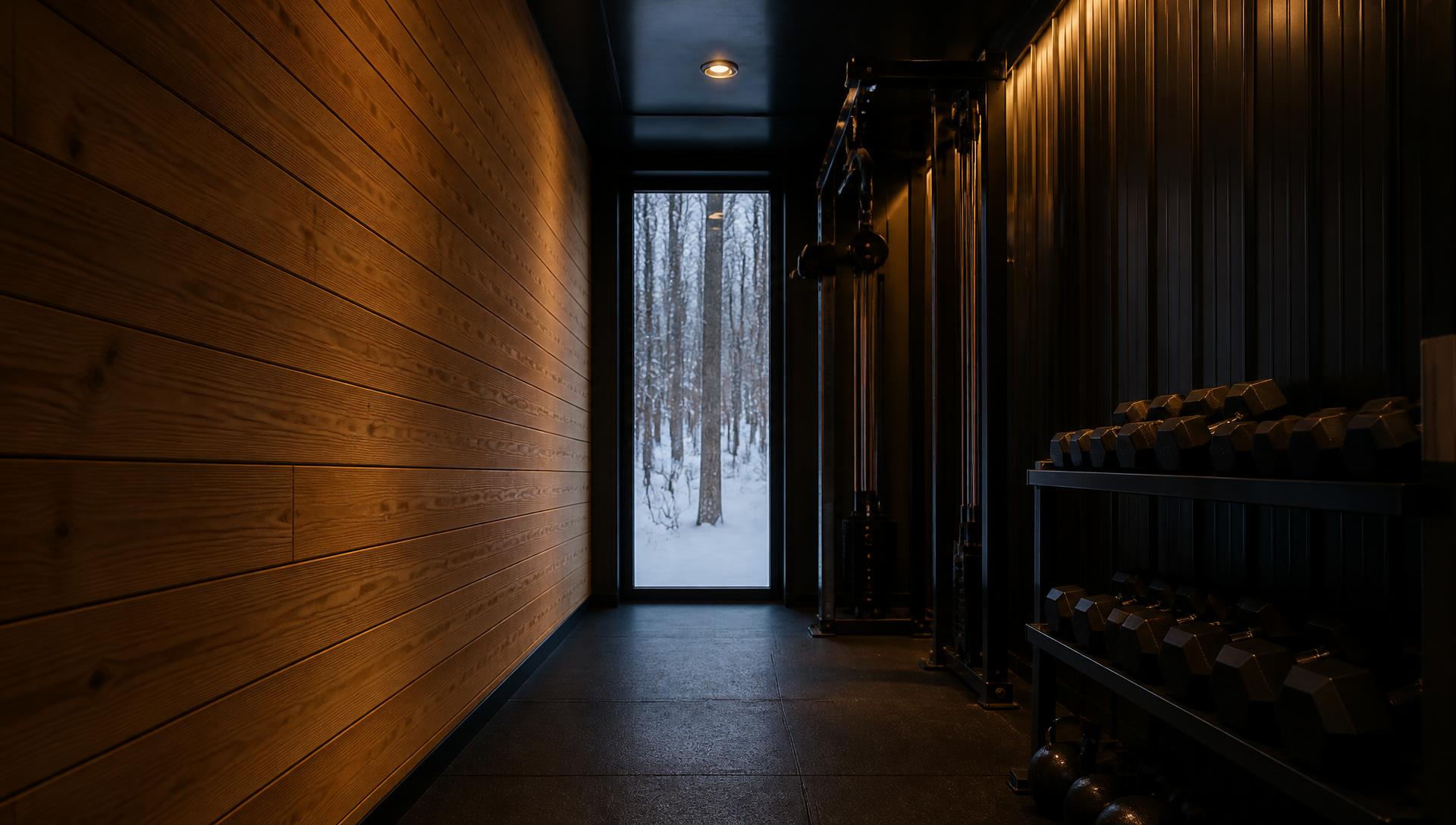 TRAIN 40 interior looking toward the glass wall and the property beyond